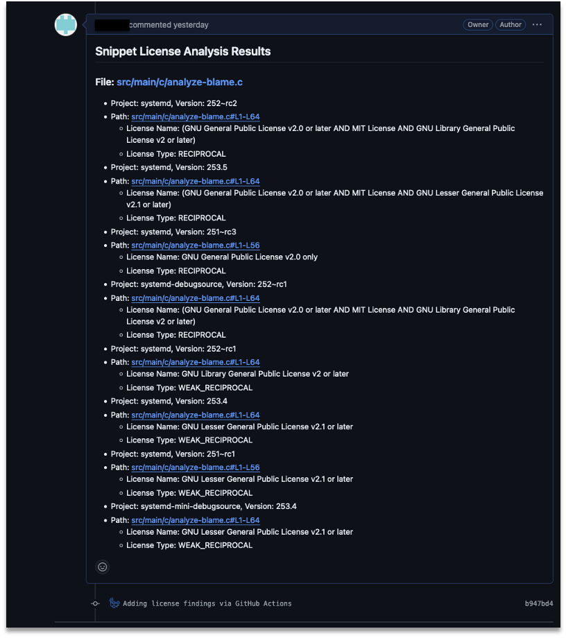 Black Duck Snippet API results