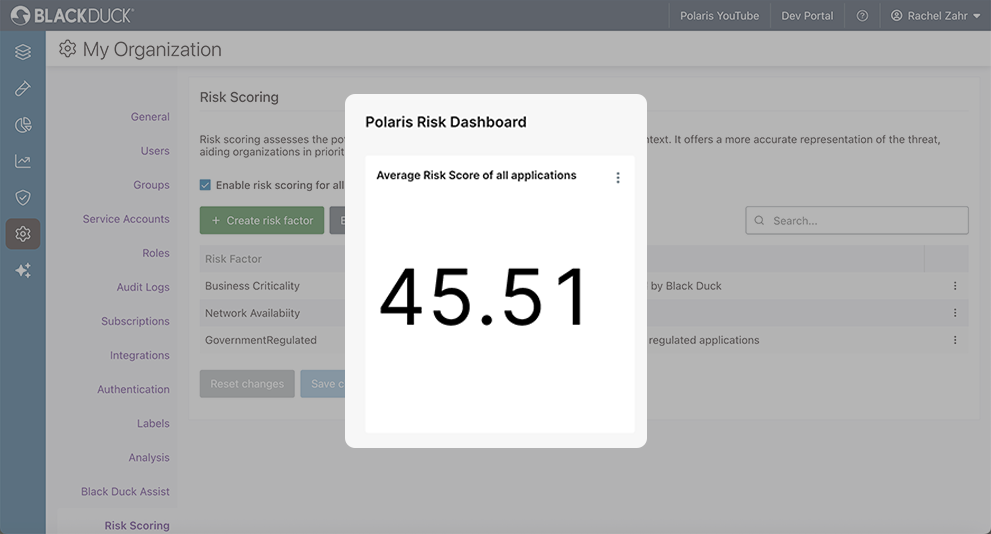 A screenshot of a Polaris dashboard that surfaces threat information, including the average risk score of all apps.