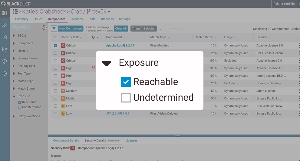 A screenshot demonstrating the filtering capabilities in Polaris to allow teams to filter on vulnerabilities based on their reachability.