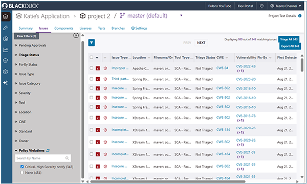 Policy violations filter—issues view
