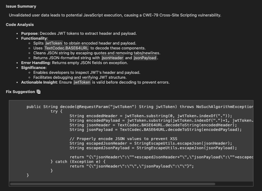 A screenshot of Code Sight IDE Plug-in's issue summary and fix suggestions for AI generated code