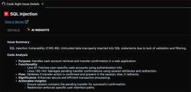 A screenshot of an issue summary provided in Code Sight UI