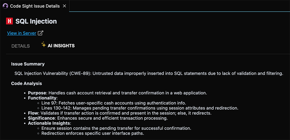 A screenshot of an issue summary provided in Code Sight UI