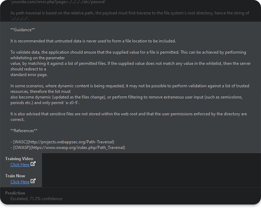 A screenshot of developer security training guidance, powered by Secure Code Warrior, displaying in Code Sight IDE plug-in platform.