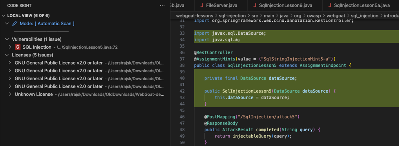 A screenshot of the Code Sight IDE plugin UI showing scan results of AI-generated code.