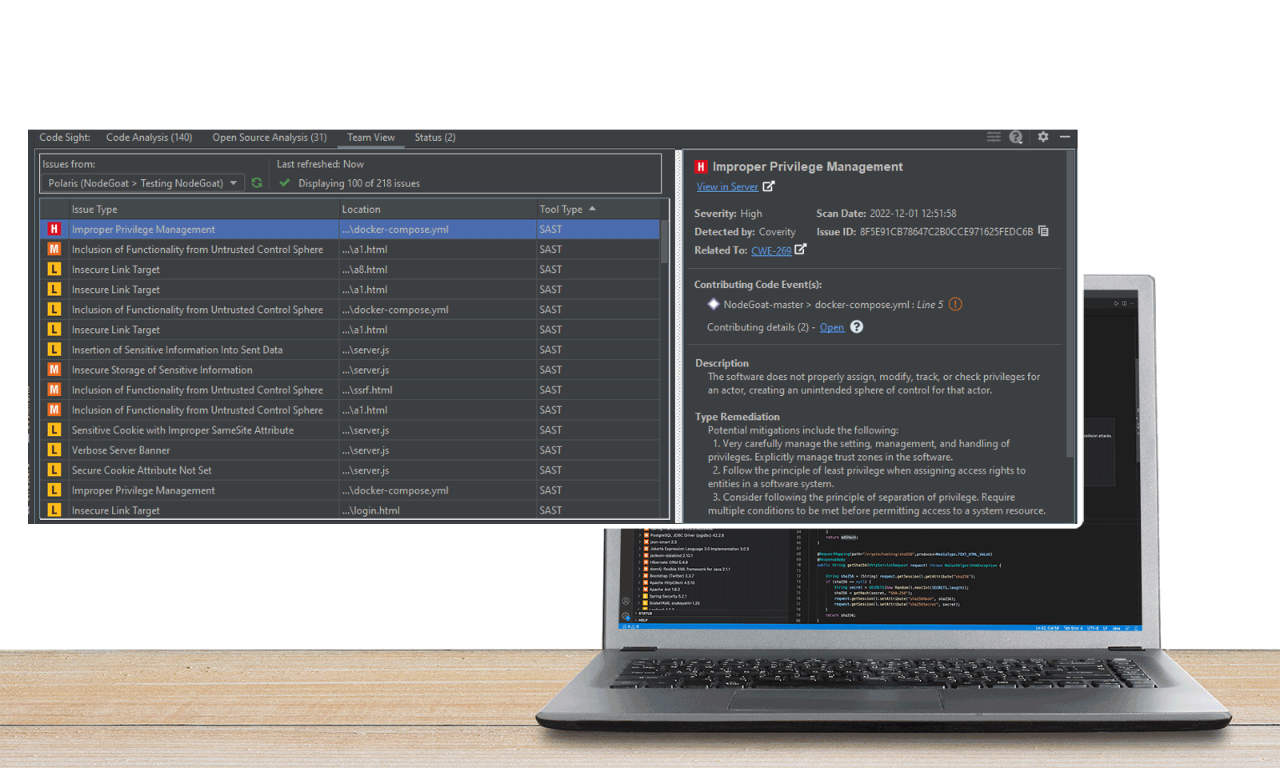 A visual of Code Sight dashboard that shows team view of SAST issues.