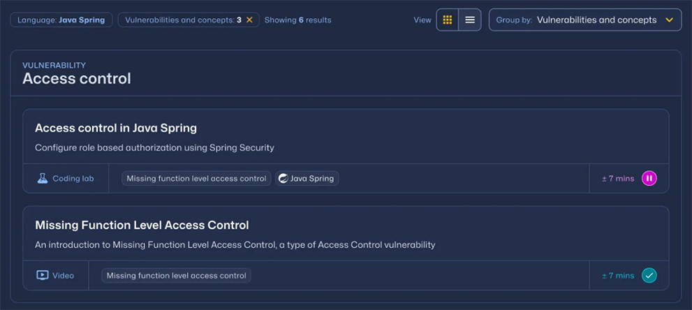 Screenshot of developer security training courses available from Secure Code Warrior