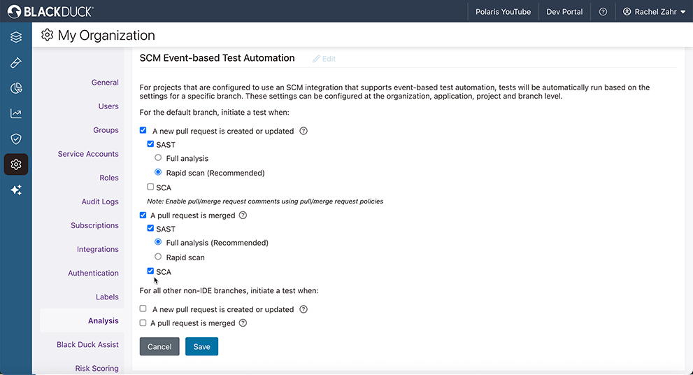 Screenshot of Polaris showing the SCM integration set up for SCM event-based test automation.