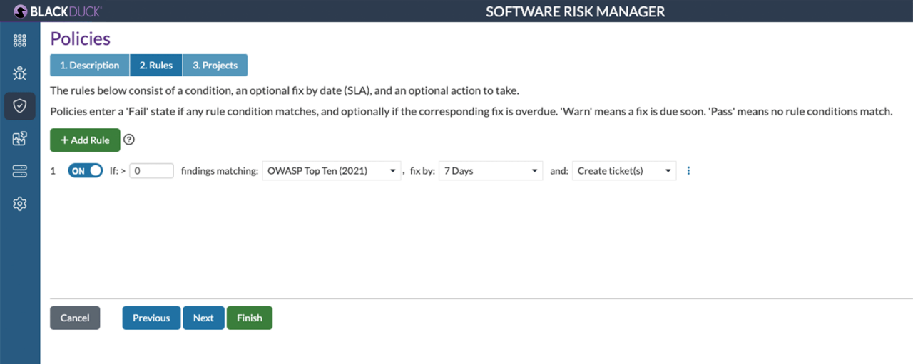A visual of how Software Risk Manager summarizes findings and sets priorities