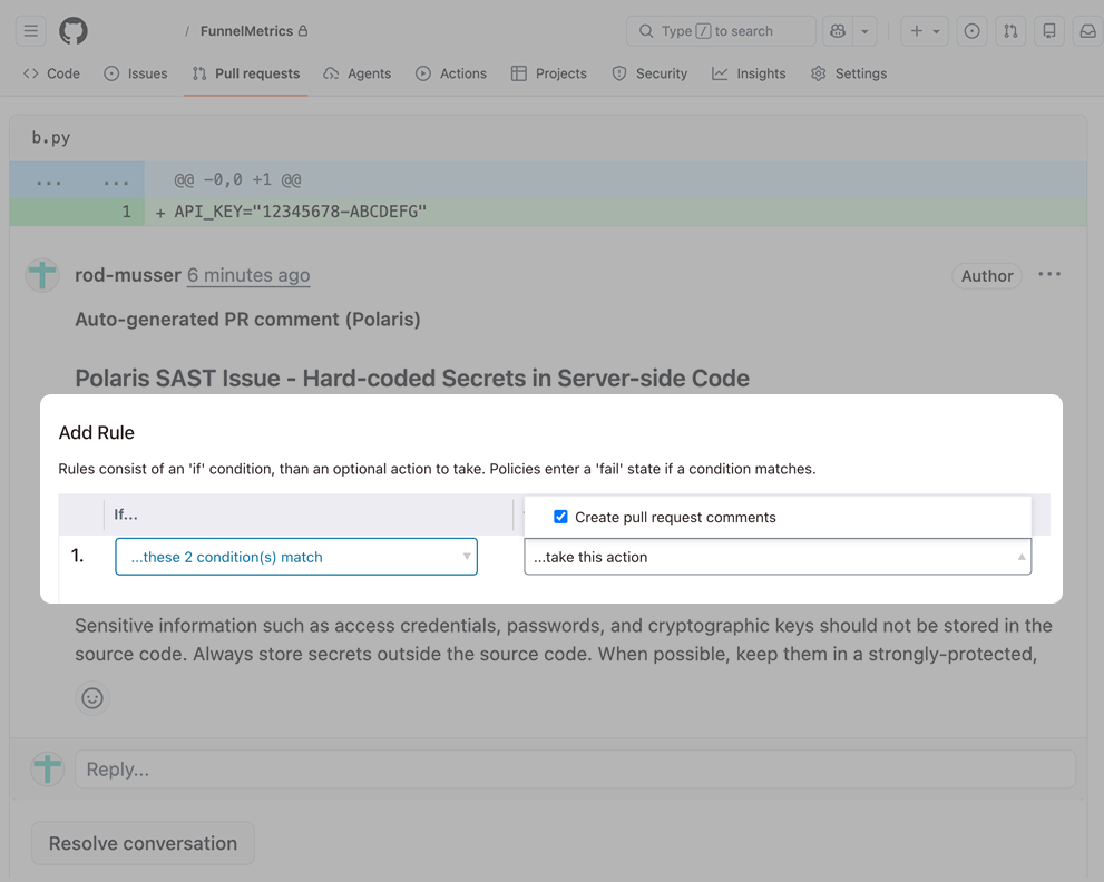 A screenshot of adding a policy-driven rule within the Polaris Platform to enforce security standards across the SDLC.