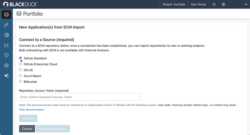A screenshot showing how to onboard SCM repositories like GitHub, GitLab, Azure Repos, and Bitbucket in Polaris.