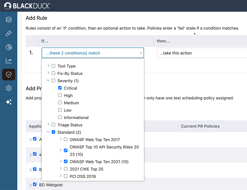 A screenshot of Polaris demonstrating how to set up rules to automate governance at scale in AppSec programs.